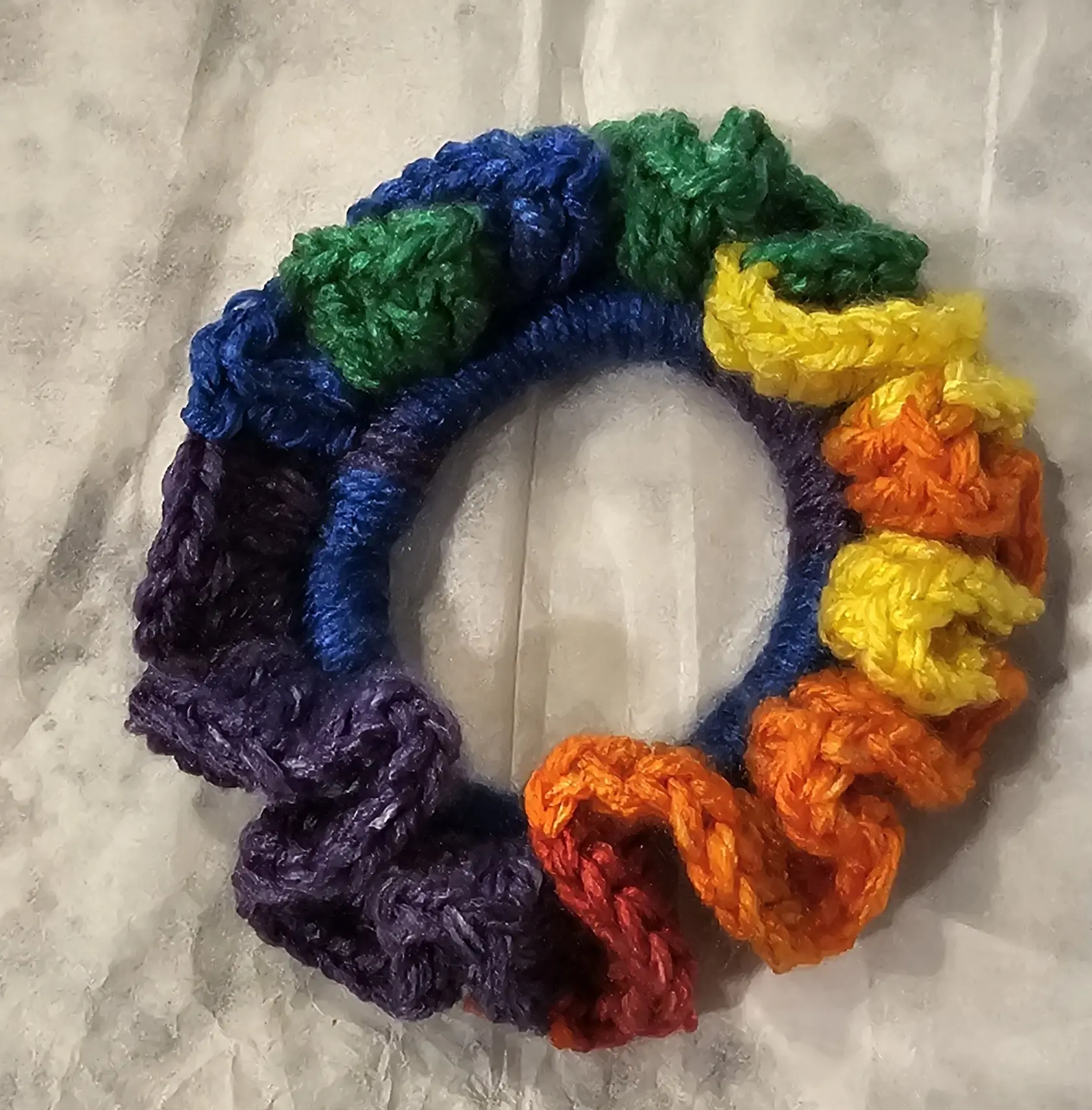 SnugKnot - Crochet Scrunchie with Round Design in Rainbow Colors Soft Yarn Secure Hold Handmade Comfortable Hair Accessory