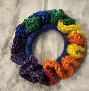 SnugKnot - Crochet Scrunchie with Round Design in Rainbow Colors Soft Yarn Secure Hold Handmade Comfortable Hair Accessory