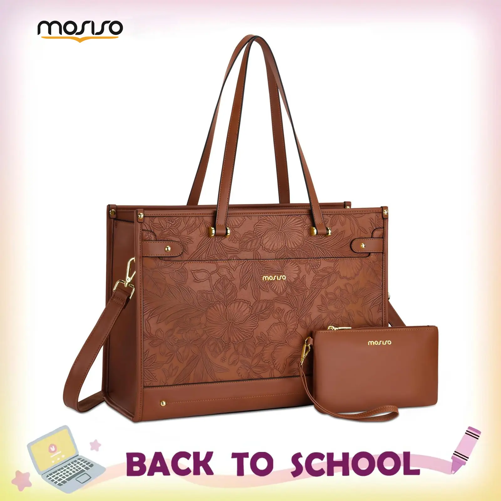MOSISO Women's 15.6 in Vintage Leather Laptop Tote Bag - Adjustable Shoulder & Carry Handle, Large Capacity Office Business Bag with Clutch Purse, Embossed Floral Computer Handbag, Brown, Carry Handle Women's Tote Bags