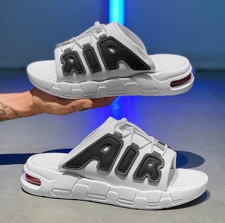 AIR Letter Air Cushion Thick Sole Slide Sandals Red/Black Color Block Drawstring Single Strap Unisex Sport Style Outdoor Slippers