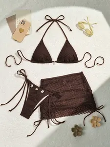 VYNCE Coffee Brown Summer Beach 3 Piece Bathing Suit Shell Embellished Halter Bikini and Drawstring Skirt