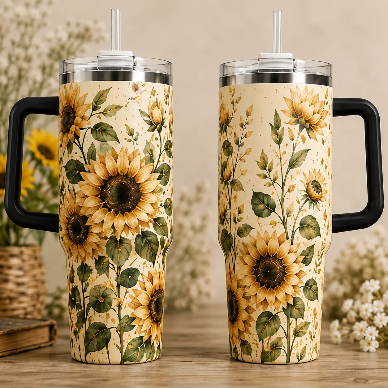Women's 40oz Sunflower Floral Insulated Stainless Steel Travel Tumbler with Handle, Portable Lid, Straw - Reusable Water Bottle for Coffee, Tea, Bottles with Insulation