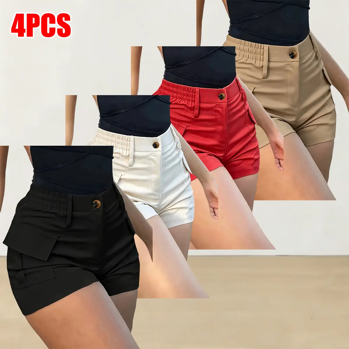 Women’s 4-Pack American Vintage Black Cargo Bermuda Shorts - Minimalist Basic Bottom, Mid-Rise, Slimming, Multi-Pocket Suit-Style Summer Hot-Girl Casual Shorts