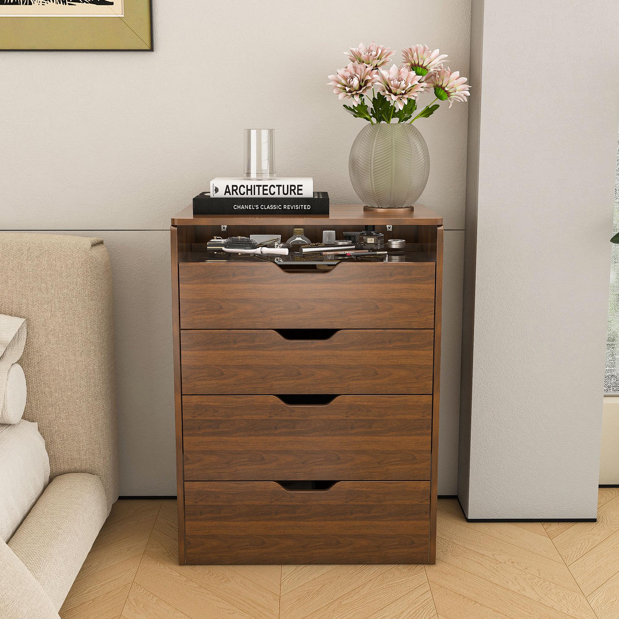 3-in-1 Makeup Vanity Desk with Flip-Top LED Mirror & Stool, Space-Saving Nightstand Combo, Glass Top, Storage Drawers & Hidden Jewelry Organizer – Perfect for Small Spaces (Walnut)