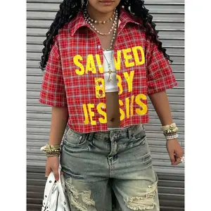 Women’s checkered shirt with letter design, loose fit, classic checkerboard pattern, sweet and cool street style, retro trend, essential spring piece GARMENTARY