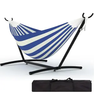 Double Hammocks with Stand for Outside, Portable Space Saving Heavy-Duty Steel Stand for Indoor Outdoor Patio with Carrying Bag, 450 lbs Capacity-Blue & white Striped