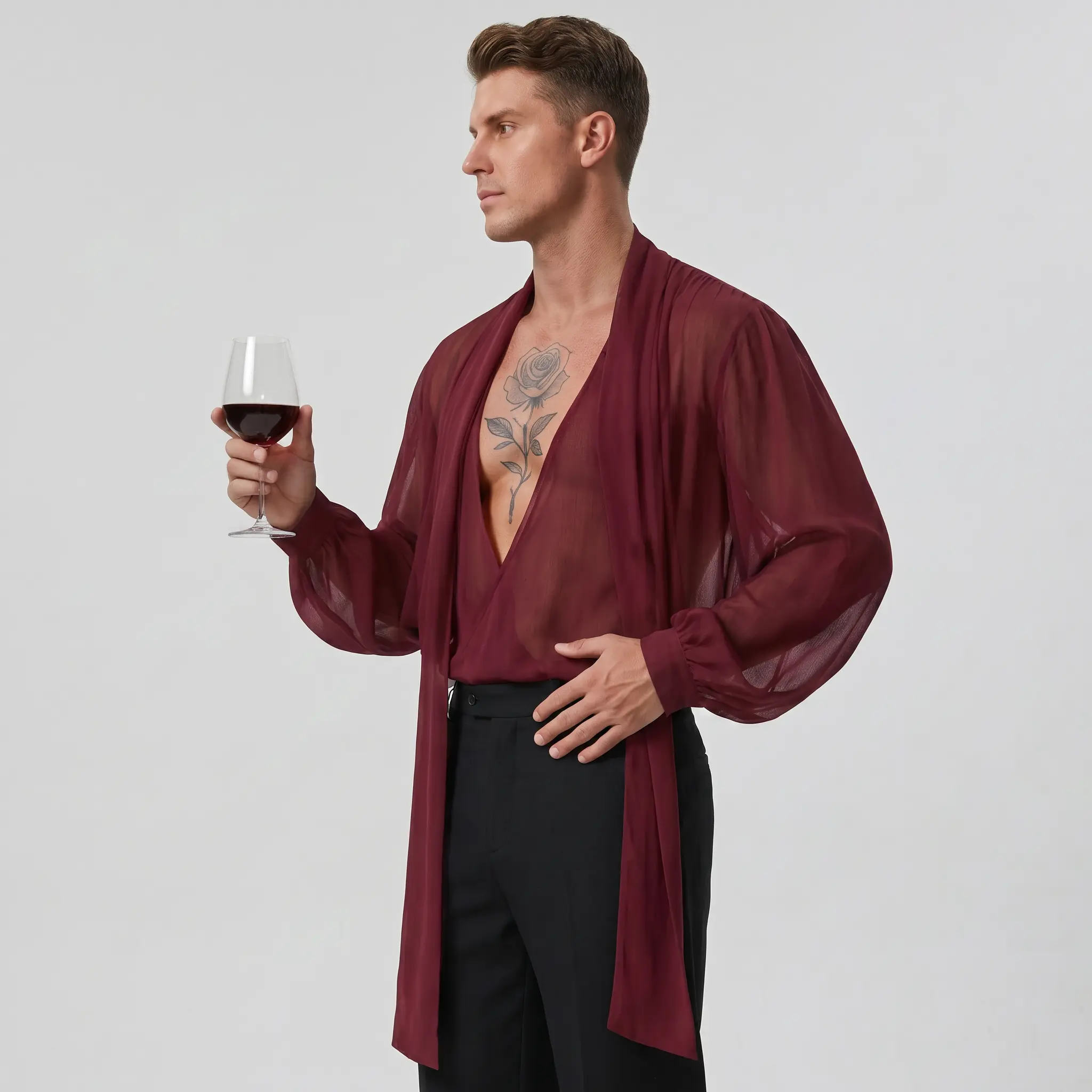 INCERUN Men's Loose Deep V-Neck Scarf Shirt Tops - Polyester Sexy Shirts with Baroque Look, Dramatic Lantern Sleeves, Sheer Clothes for Party, Holiday Events, Elegant, Attire, Aesthetic, Long, Party Events, Party Dinner