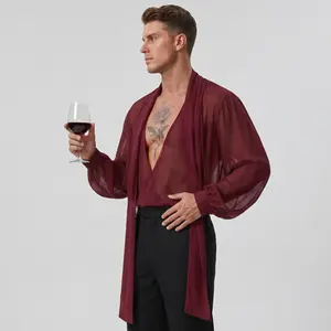 INCERUN Menswear Loose Deep V Scarf Shirt - Chic Baroque/Romantic Style, Dramatic Lantern Sleeves, Sexy Mensfashion Attire - Stage Wear for Party, Holiday Event,summervibes