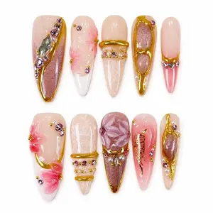 Pink flower gold chrome bangle gem bling press on nails, custom nails, flower nails, bangle nails, handmade nails, PO179 Nail Art Kit Nail Box