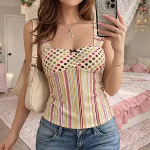 Women's Y2K Cute Patchwork Cami Top Polka Dot Stripe Square Neck Vintage 90s Aesthetic Summer Going Out Top Womenswear