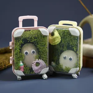 Rocky Pet Travel Suitcase Desktop Stone Pet Set – Natural Polished Stone with Bottle, Pink & Yellow Suitcases, Stress Relief Decor & Gift Ornaments