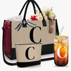 Personalized Letter Initial Tote Bundle - 6pcs Set with Bonus Glass Cup, Straw, and Bag Scarf