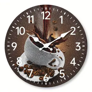 Wooden Wall Clock with Crack Print Coffee and Coffee Cup Design, 25.4- 40.64cm Silent Quartz Clock, Suitable for Living Room, Kitchen, Bedroom, Dining Room, Office Decoration, Modern Home Art Decoration, Wall Decoration, Gift for Family and Friends