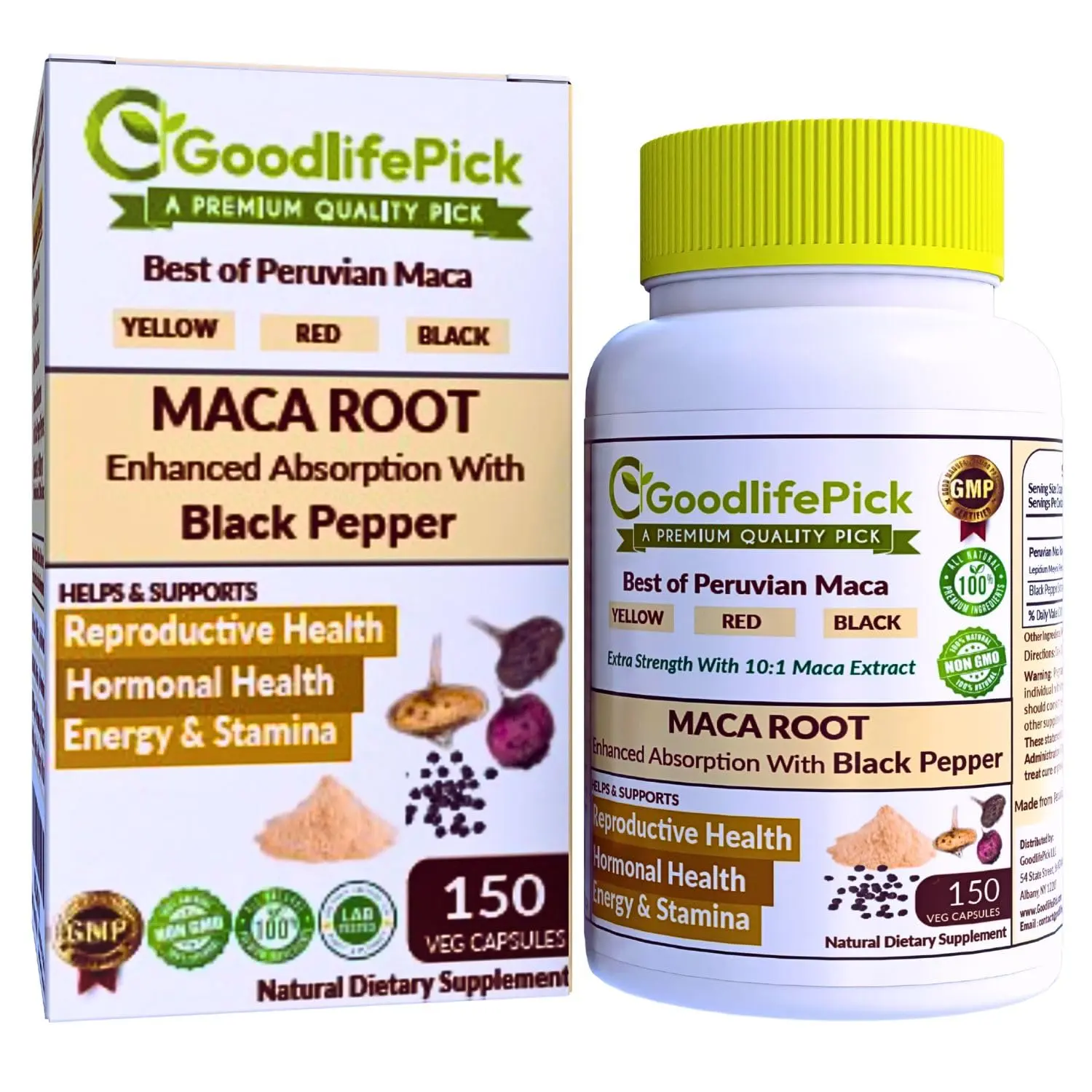 Peruvian Maca Root with Black Pepper 14800 MG Maximum Benefits with All Types of Maca Root 150 Cap. Healthcare Supplement Fitness Natural Dietary