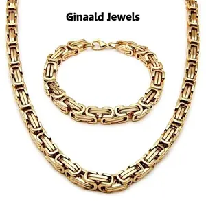 Gold & Silver Stainless Steel Clip Bracelet Necklace Set Byzantine Imperial Chain Set Luxurious Vintage Fashion Jewelry Set Suitable for Men Fashion Party Wedding Jewelry Gift Set cuban link chain men's jewelry  necklace jewelry set