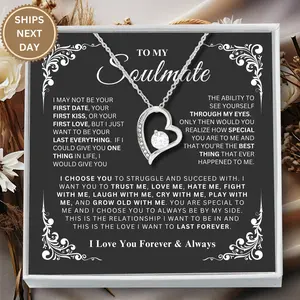 To My Soulmate Forever Heart Necklace, To My Soulmate Necklace White Gold Chain Gift for Wife, Anniversary Gift Jewelry with Message Card