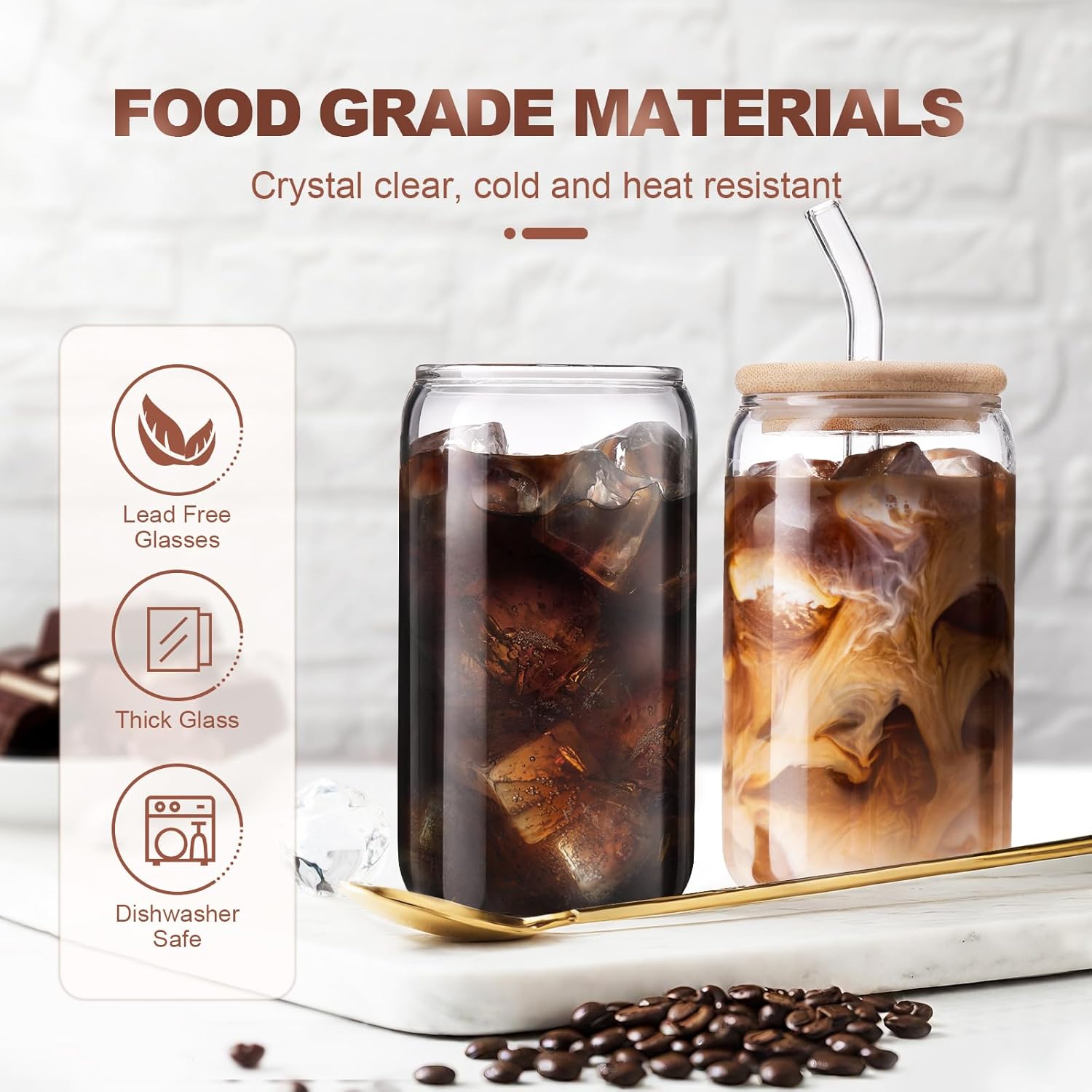 16 oz Iced Coffee Glass Cups 2-Piece Set with Secure Lids & Reusable Straws Durable High-Quality Glass Tumblers for Home Office & On-The-Go Use - Drinkware