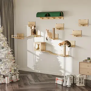 PUKAMI Cat Wall Shelves, Wooden Feline Furniture, 9 Pcs Set Wall Mounted Cat Shelves with Bed, House, Steps, Bridge Ladder and Scratching Post for Indoor Climbing, Sleeping, Playing