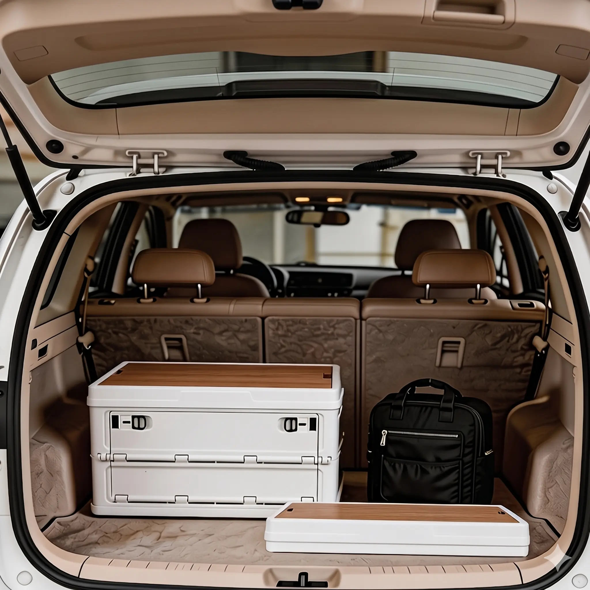 Automotive & Motorcycle 3-in-1 Collapsible Organizer Bin with Wood Lid, Side-Opening Doors, Heavy-Duty Build, for Vehicle Use, Essential Camping Gear