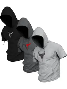 Men’s 3-Pack Summer Regular Fit Hooded Short-Sleeve T-Shirts with Pocket and Bull Head Print — Unique, Fashionable Casual Sports Wear for Outdoor Activities, Running, Golf, Fishing, Basketball, Camping, Gym, Swimming, and Beach; Ideal Gift for Men