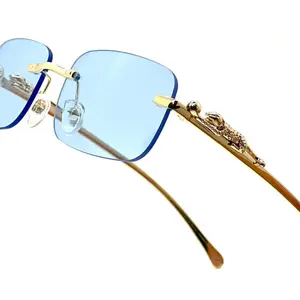 Men Sunglasses Square Blue Lens Rimless Designer Gold Frame Hip Hop Eye Glasses
