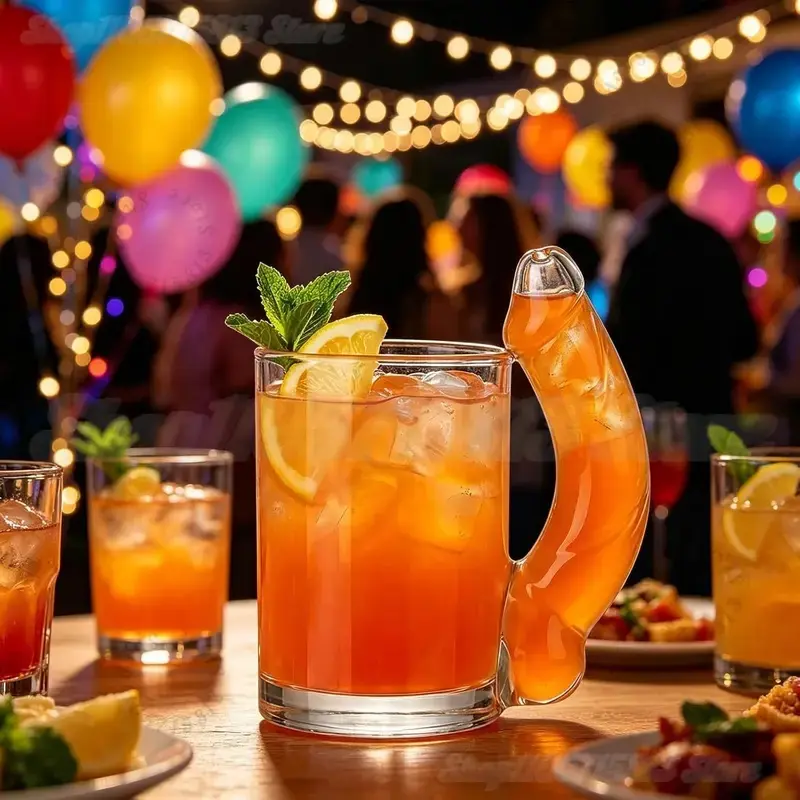 Funny D-Cup Shaped Glass Cocktail Glass,Creative Curved Handle Glass Large Capacity Clear Drinking Glass Cup Gag Gift Party