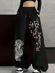 Women's Dragon Plum Blossom Print Drawstring Pants, Loose-Fitting Sportswear Joggers, Casual Street Style for All Seasons, Baggy Jogging Pants