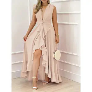 Women's asymmetrical dress, deep V-sleeveless, lightweight 120g/m fabric, summer, 100 solid color