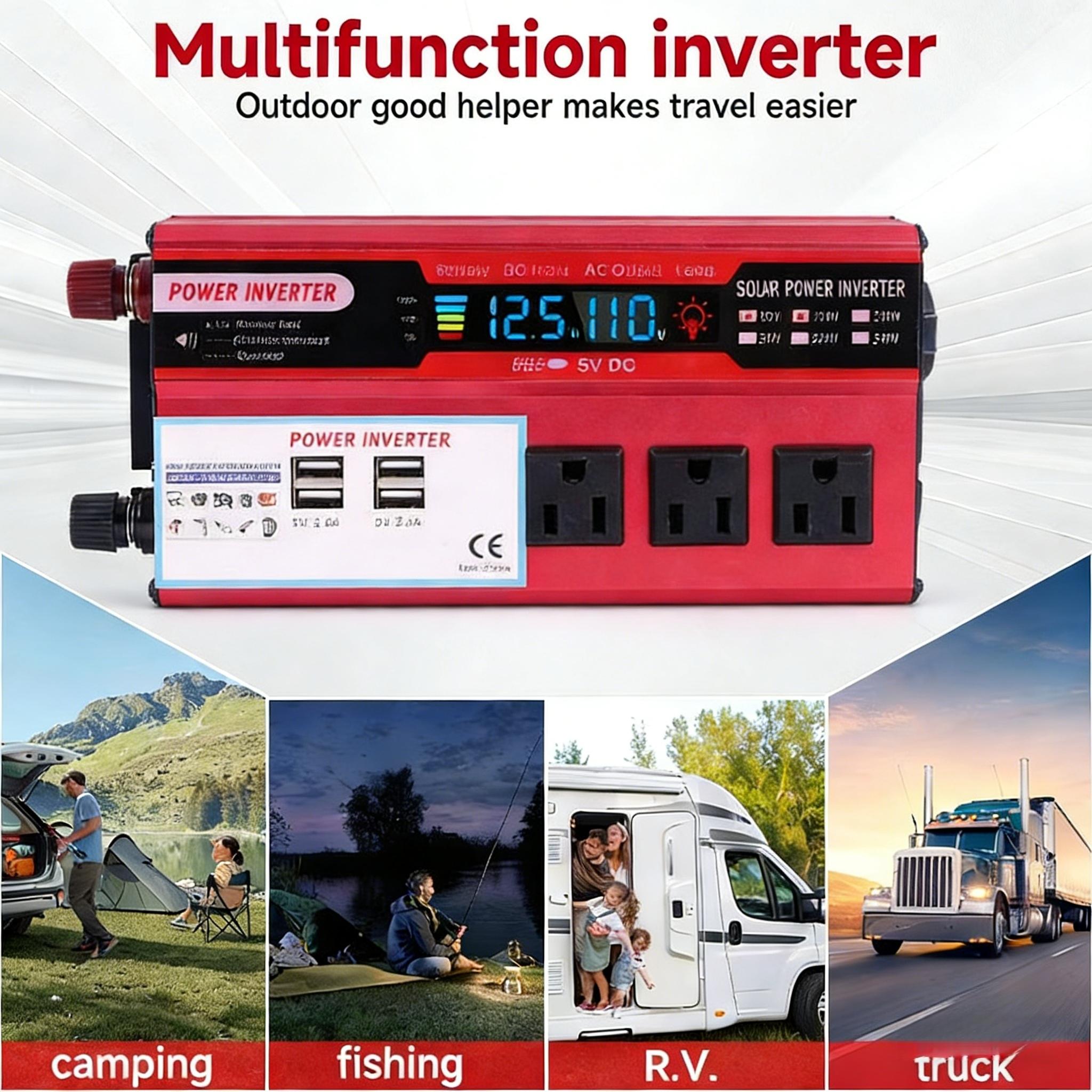 Vehicle Power Supply Inverter DC 12V to 110V AC with 3 AC Sockets 4 USB Fast Charging Ports 5000W Peak Power Car Converter for Outdoor Camping RV Truck Boat Road Trip Emergency Power Backup