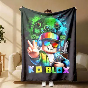 One Ko Blox Cartoon Character Rainbow Gradient Print Lightweight Flannel Blanket, Soft Breathable for Spring Summer, Bedroom Decor
