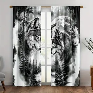 Wolf Pattern Cartoon Animal Curtains, Bedroom Filtering Drapes, Window Decorations, Valentine's Day Gift, Birthday Present (no Curtain Rod)