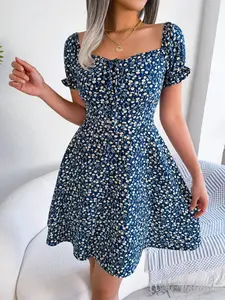 Women's Ditsy Floral Print Tie Front A Line Dress, Summer Outfits 2024, Boho Romantic Frill Sweetheart Neck Short Dress for Beach Vacation Holiday, Frenchy Style Summer Clothes Women