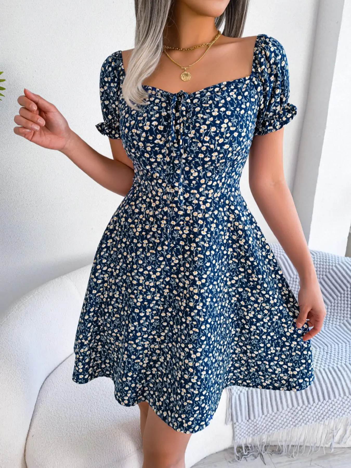 Women's Ditsy Floral Print Puff Sleeve Tie Front Vintage Dress, Chic Fitted Casual Bohemian Summer Clothes Women, Frenchy Style Romantic Short Sleeve