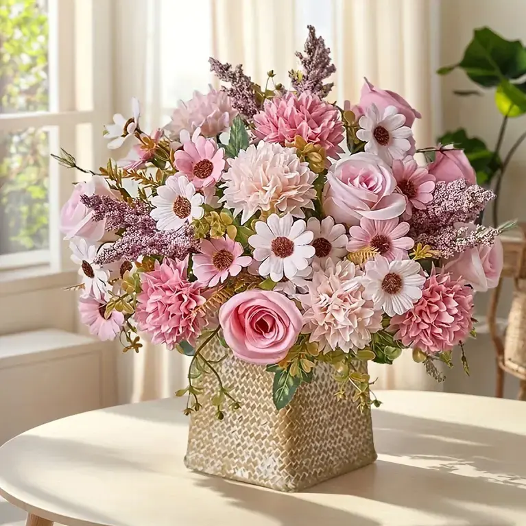 4-piece high-realistic artificial flower bouquet, featuring roses paired with daisies and chrysanthemums. This pink bouquet is perfect for table centerpieces, weddings, parties, home and spring decorations, and is an ideal gift for Mother's Day.