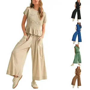 Women's two-piece set of short sleeved tailcoat and wide leg pants, sportswear, casual loose clothing, outdoorRAIMENTRY