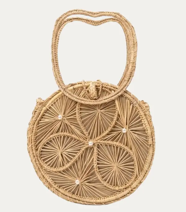 Iraca Palm Pearl Circle Handbag — Sculptural Handle Edition