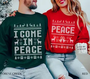 Gildan I Come in Peace Funny Matching Couples Ugly Christmas Sweater Funny Couples Christmas Sweatshirt Adult Humor Christmas Pajamas Xmas Sweater