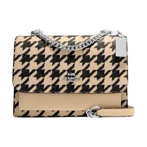 COACH Klare 22 Leather Crossbody Bag with Gold Logo Print and Chain Strap for Women in Beige