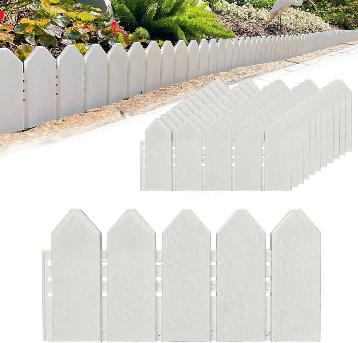 Landscape Edging Kit 6.7 in Tall Decorative Double-Sided -Look Fence Garden Border, Flower Bed Edging with 30 Anchoring Spikes, 13.9 Foot Kit (White)