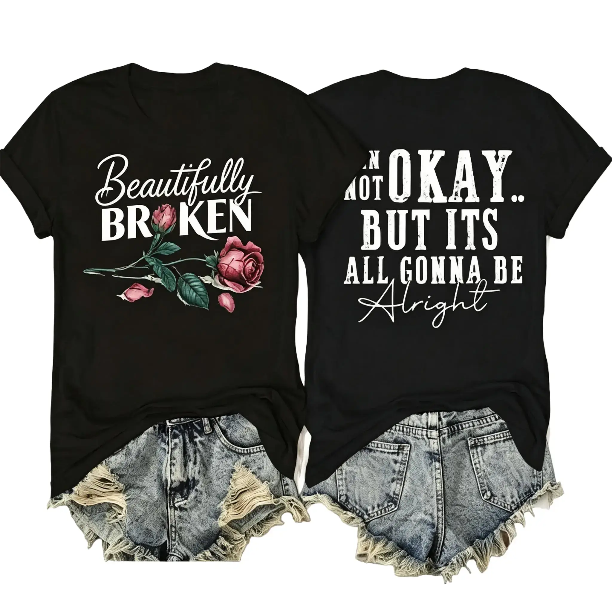 It's Not Okay But It's All Gonna Be Alright Double Sided Print Vintage Cotton T-Shirt, Women's Inspirational Mental Health Casual Streetwear Tee,funny graphic tee,summer graphic tees,tee bundles loose fit women
