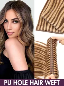 Invisible PU Hole Injection Hair Weft Remy Human Hair Extensions - Straight Natural Black Seamless Bundles Y2K Pop-up Highlights for Wedding Festival Cosplay & Valentines Day Gift for Women Goth Halloween Costumes Hair Accessories Self Care Travel Essent