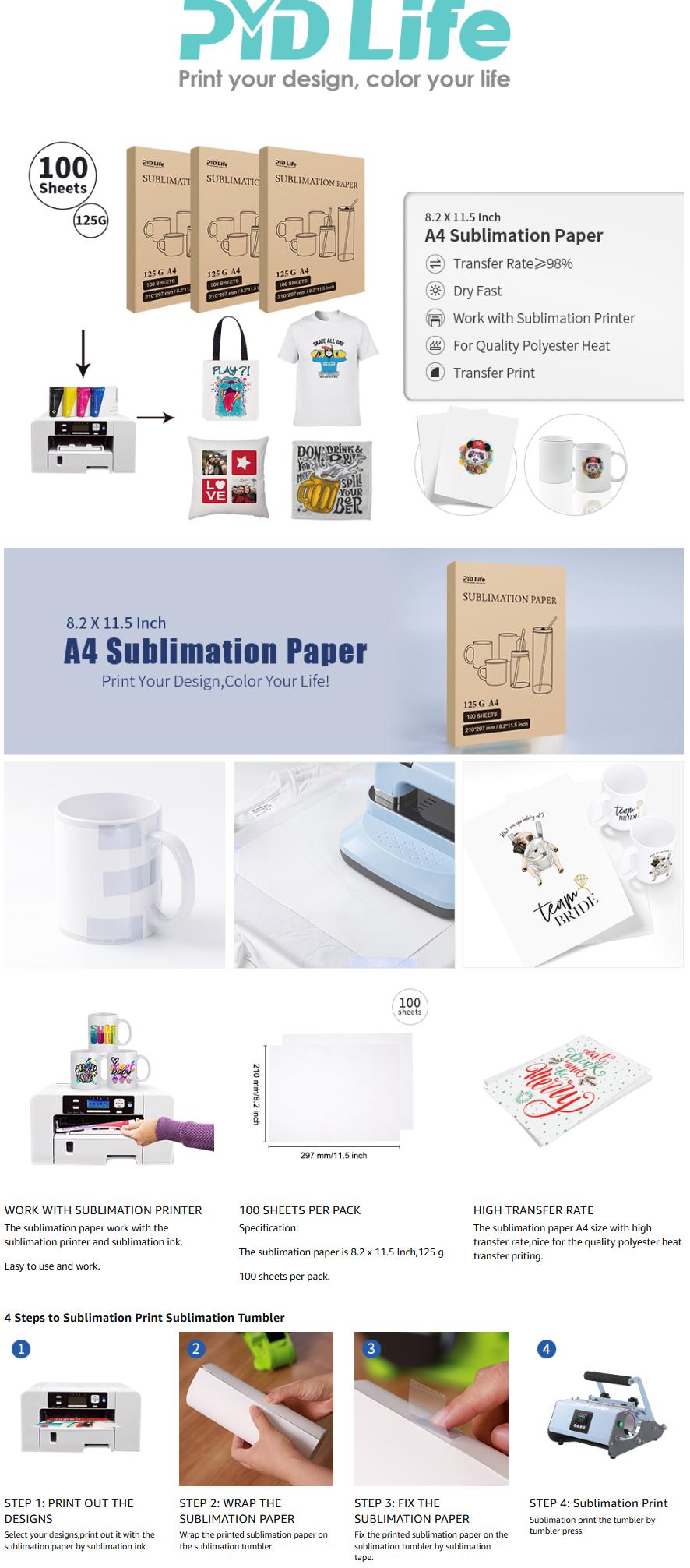 PYD Life Sublimation Heat Transfer Paper 8.2 x 11.5 Inch A4 Size,100 Sheets,for Sublimation Blanks Mugs Tumblers Water Bottles T-shirt Bags Use Sublimation Ink 125 g