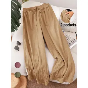 ??Plus Size?? Solid Pocket Wide Leg Pants, Casual Comfy Trousers for Daily Wear, Women's Bottoms for Summer, Casual Streetwear Trousers