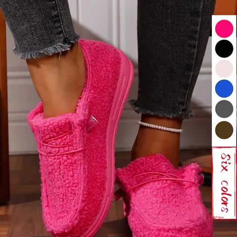 Women's Plush Slip On Shoes, Rubber Slip Ons, Slip Ins Shoes, Walking Shoes, Comfortable Soft Rubber Sole, Anti-Slip Design, Fleece Lined Warm Snow Boots, Casual Home & Outdoor Footwear