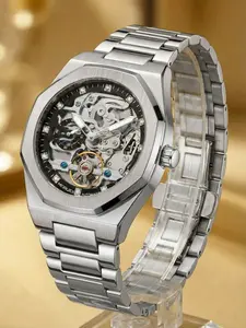 Men's Silver Color Steel Band Luminous Design Automatic Mechanical Luminous Analog Watch, Mechanical Wristwatches, Stylish Timepiece for Business Casual Wear, Perfect Gift Idea