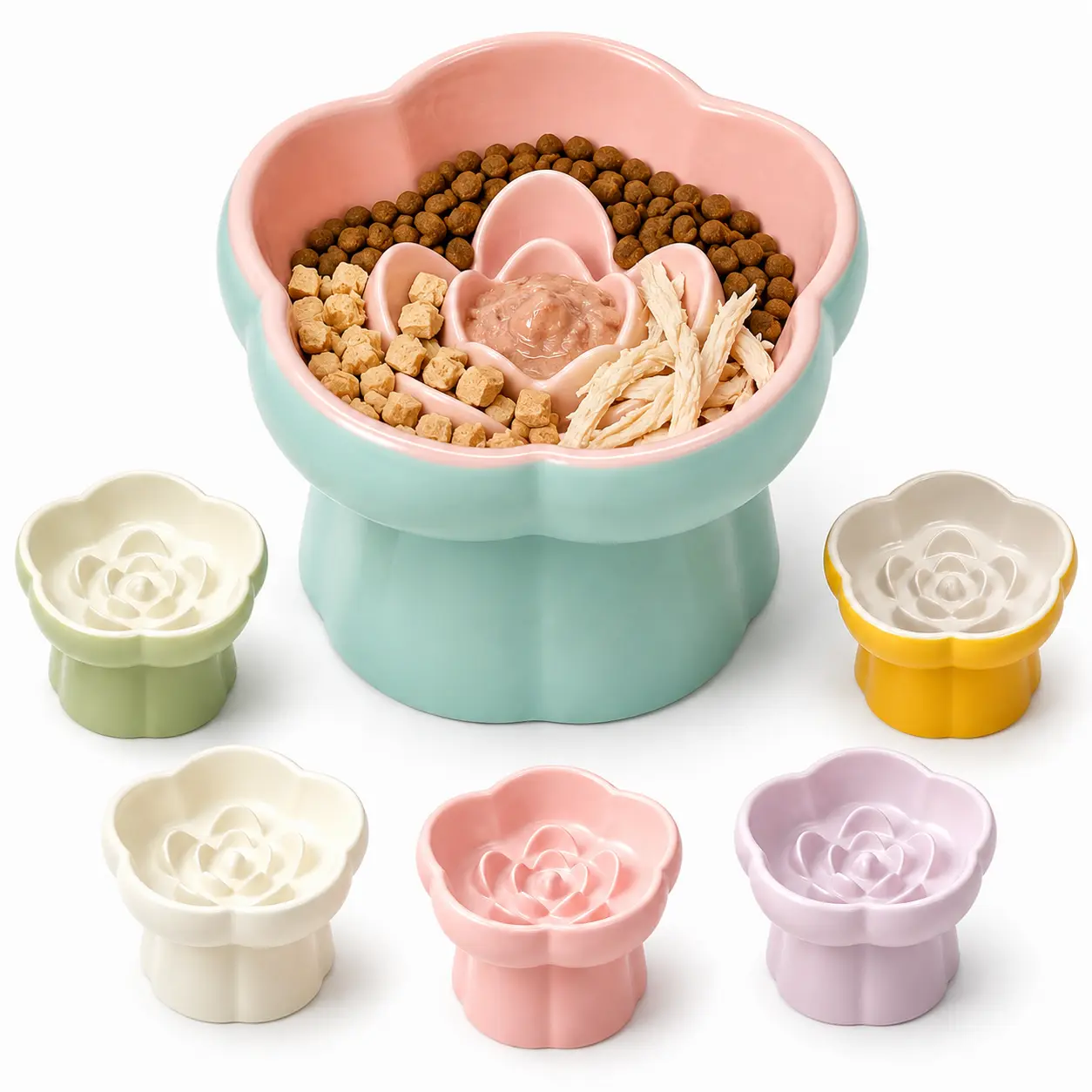 Ceramic Slow Feeder Cat Bowl - Flower-Shaped 6X Eating Design, Elevated Tilted Food Slow Feeder for Whisker Relief, Non-Slip Base to Reduce Vomiting & Bloating, Slow Feeder Bowls