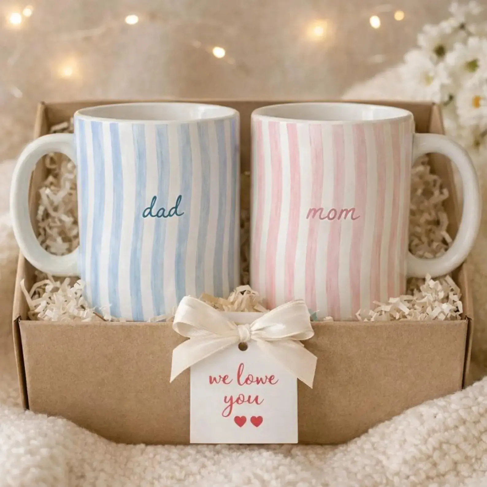 Mom And Dad Mug Set - Blue Dad And Pink Mom Striped Ceramic Cups , Matching Parent Coffee Mugs , We Love You Gift Box Style , Mother Father Birthday Gift , Family Kitchen Drinkware , Christmas Anniversary Gift For Parents