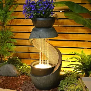 Tankana 31.9" S-Shaped Water Outdoor Fountain–Modern Cascading Waterfall Feature with LED Lights & Planter Bowl, Garden Fountains Outdoor for Patio, Balcony, Yard or Home Decor, Resin Waterfall.