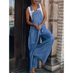 Women’s denim-effect printed pleated wide-leg jumpsuit, fashionable casual square-neck jumpsuit with pockets, suitable for everyday outdoor wear, all-season women’s clothing, women’s apparel