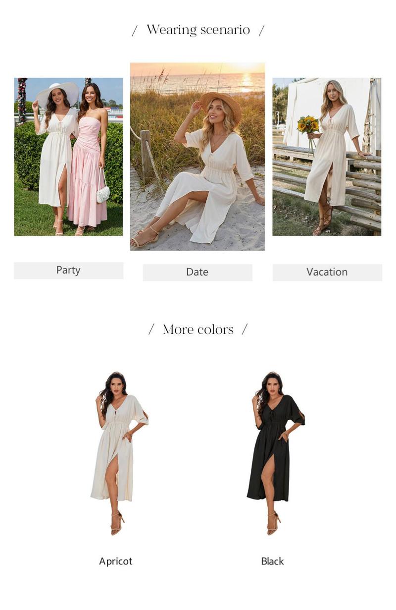 Chicovar Women's Boho V Neck Short Sleeve Maxi Dress with Pockets, Tie Front Button, Elastic Waist Batwing Sleeve Slit Dress for Beach Vacation, Casual Wear, Party & Date, Valentine’s Day